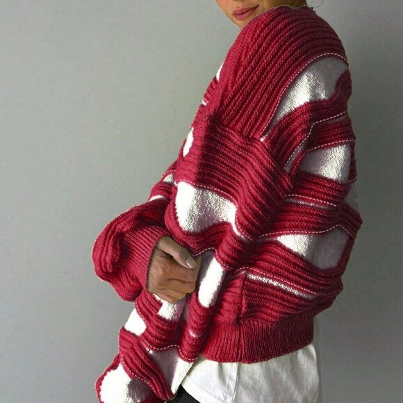 Red Casual Women's Round Neck Wavy Striped Color Block Long Sleeved Knit Sweater - Picture 3 of 4